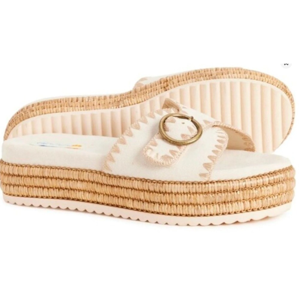 C&C California Platform Slide Sandals Bone White Leather Raffia Buckle Womens